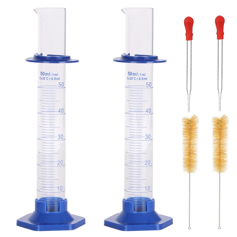 KIGITIK 2Pcs 50ml Graduated Cylinder, Thick Glass Measuring Cylinder, with Anti-Falling Plastic Base and Bumper Guards, for Science Laboratory Measuring Liquid, Bring 2 Brushes and 2 droppers - Image 1